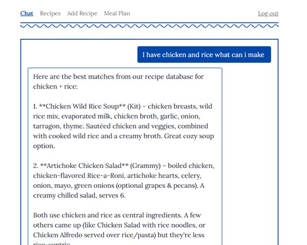 Recipe Chat answering "I have chicken and rice, what can I make" with two recipes from the family's own collection