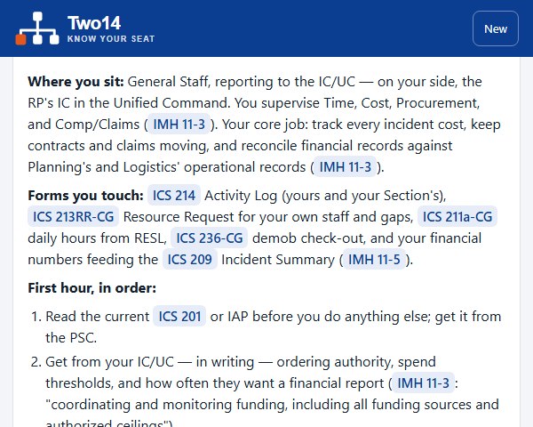 A Two14 answer for a first-time Finance Section Chief, with each point cited to a page of the Coast Guard Incident Management Handbook